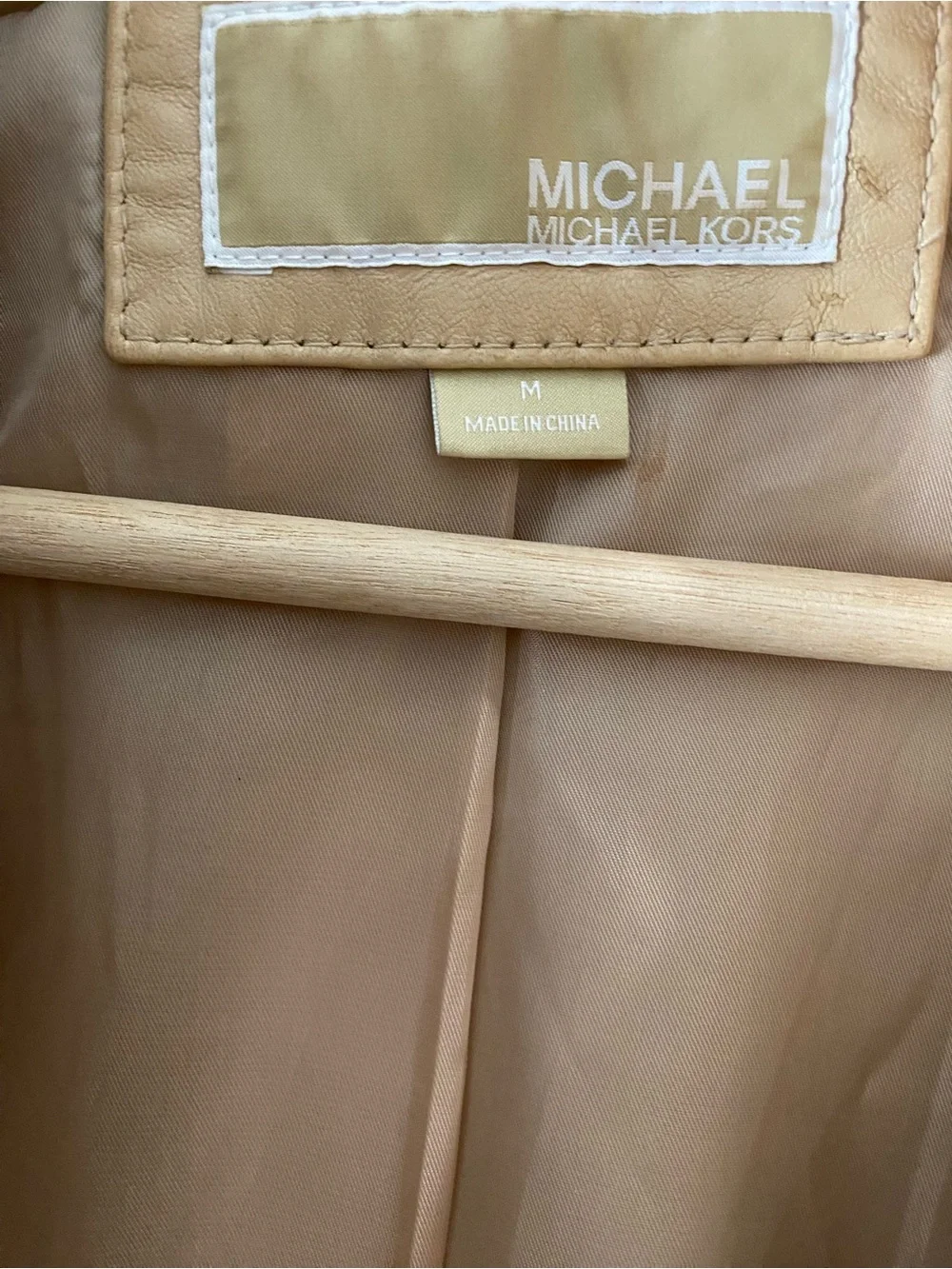 New Michael Kors 100% Leather Moto Jacket Medium Camel Brown Flawed
